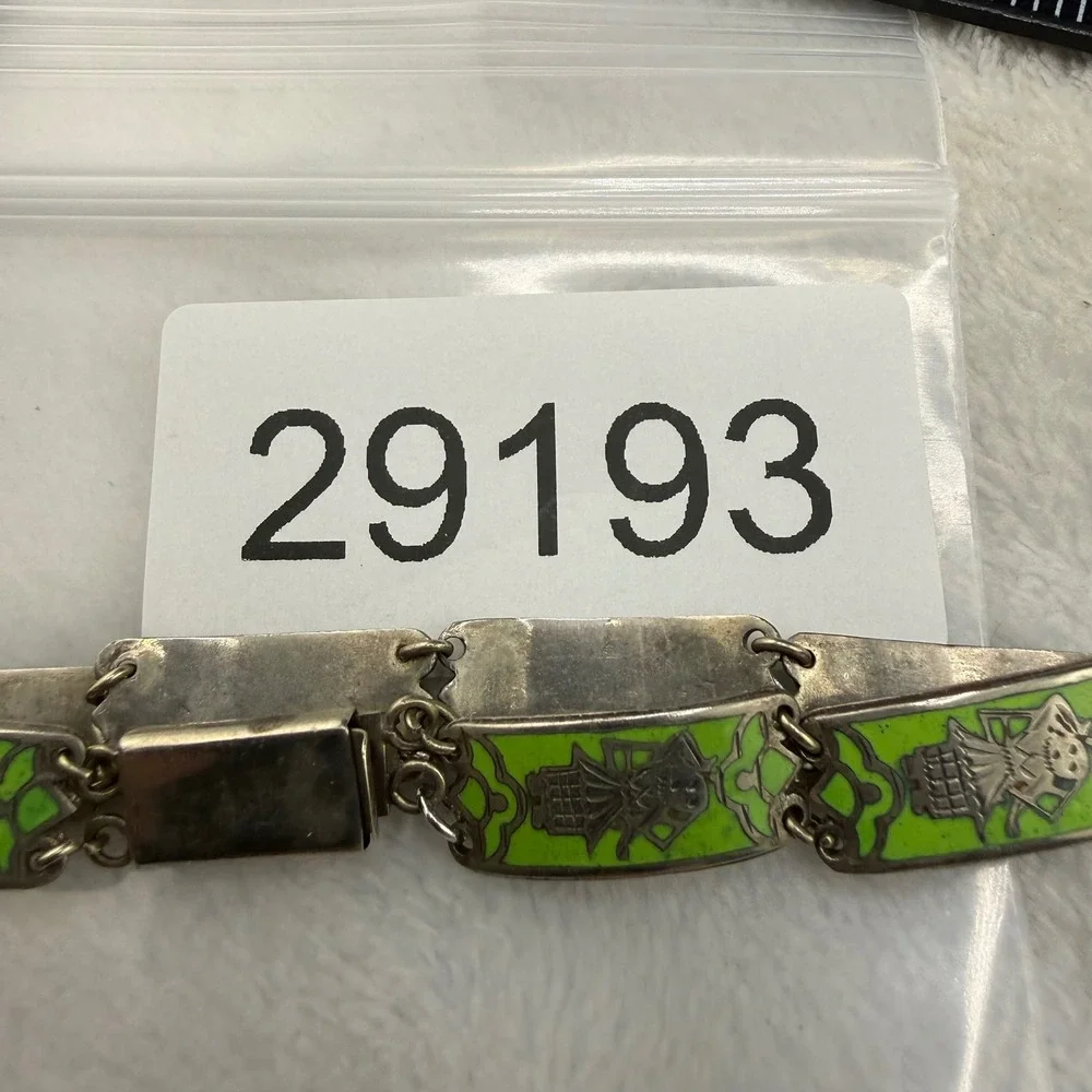 Vintage Enamel Panel Bracelet Green Figural Link 7in